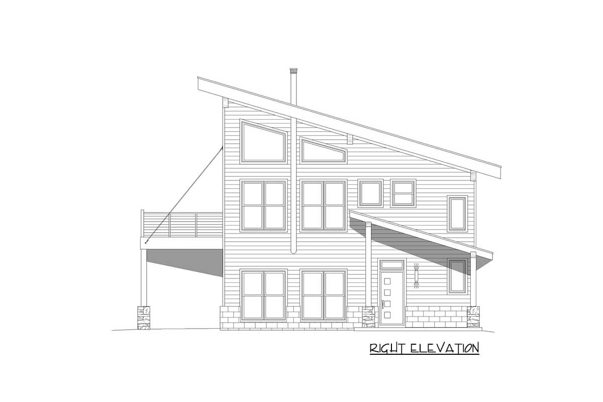 Right elevation house plan shows a modern style two-story home with a sloping roofline, large windows, and a covered entry.