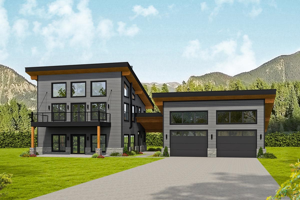 House plan exterior. Two-story modern style with flat roof, balcony, and attached two-car garage. Features large windows and wooden accents.