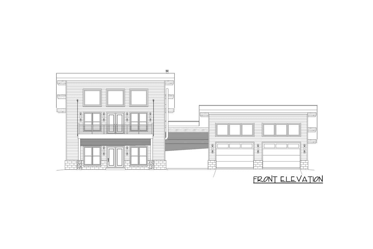 Front elevation drawing of a modern two-story house with a connected three-car garage, featuring horizontal siding and balconies.