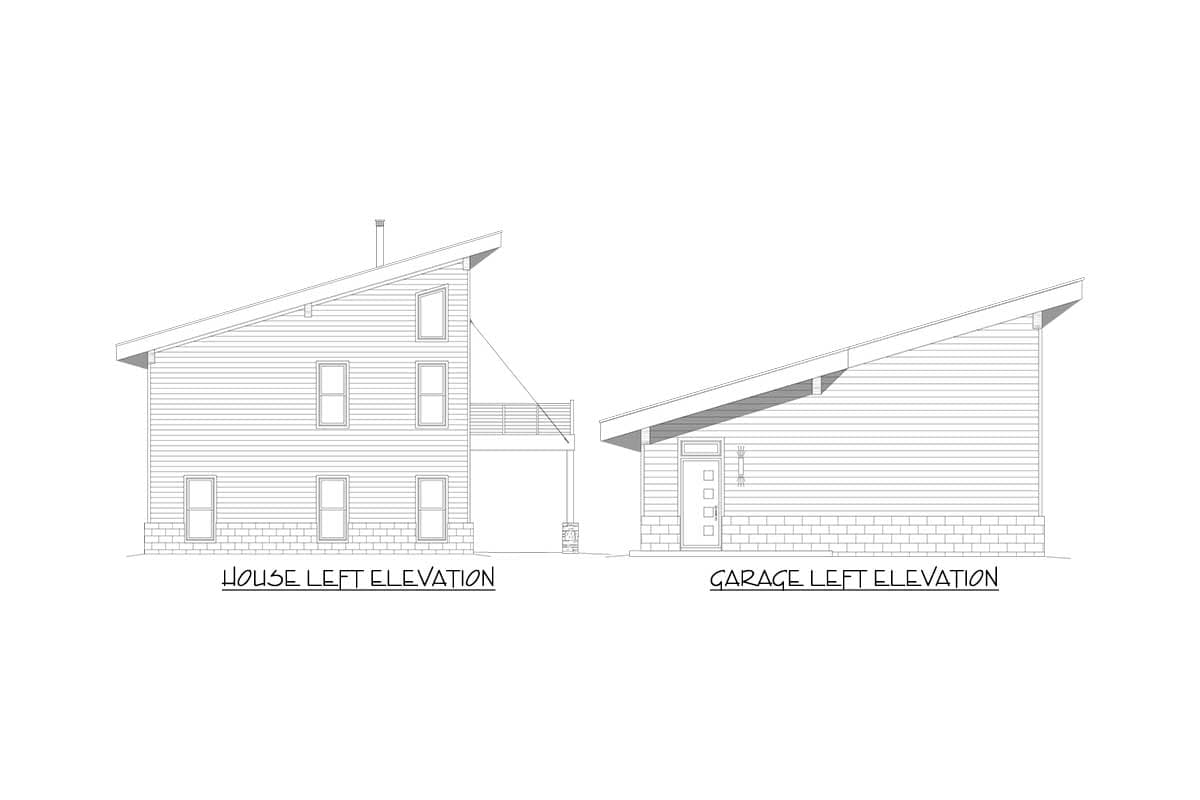 House left elevation drawing shows a two-story home with a sloped roofline. Garage left elevation shows an attached garage with sloped roof.