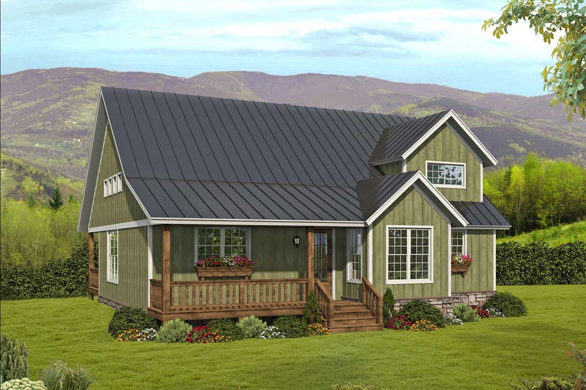 House plan exterior featuring a two-story home in a cottage style with a covered porch, gabled roof, and dormers. Includes a metal roof.