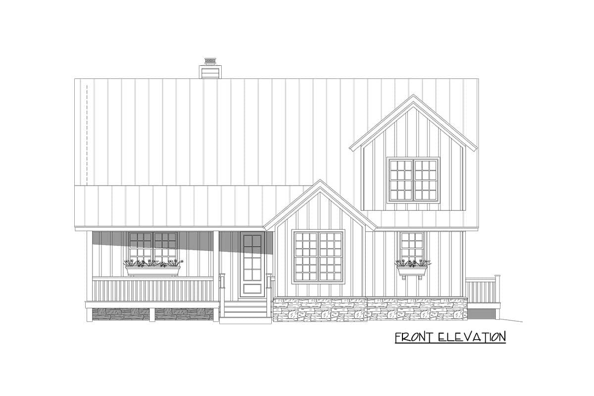 Front elevation of a two-story house plan with a gabled roof, stone base, porch, and multiple windows.