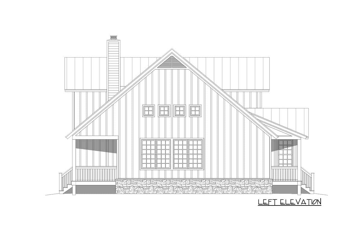 Left elevation house plan drawing of a two-story home with vertical siding, stone base, porch, gables, and dormers.