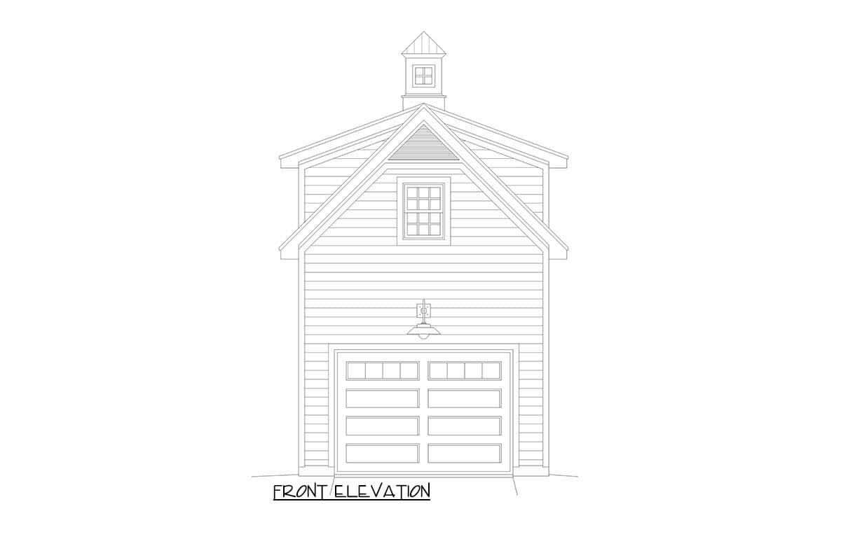 Front elevation drawing of a two-story house plan with a gable roof, dormer window, and attached garage.
