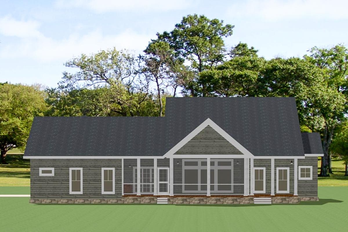 House plan exterior: One-story Modern Farmhouse with gable, screened porch, and stone foundation.