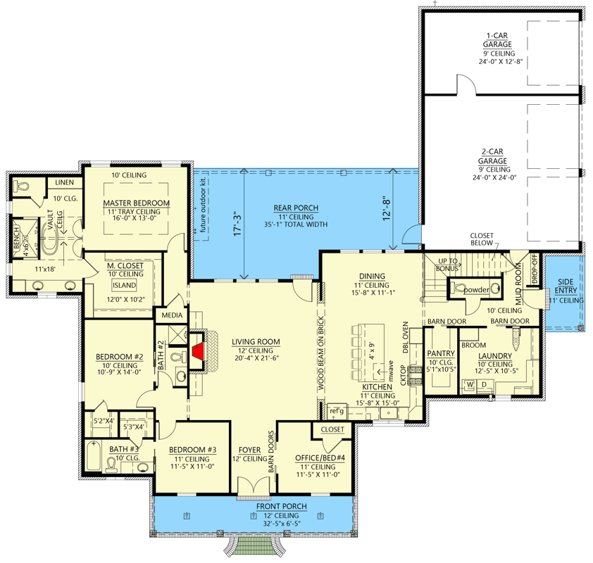 Plan 56333SM: Flexible Acadian House Plan with optional Bonus Room - 2759 Sq Ft - Floor Plan - Main Level - Acadian, Louisiana-Style, Southern, Southern Traditional