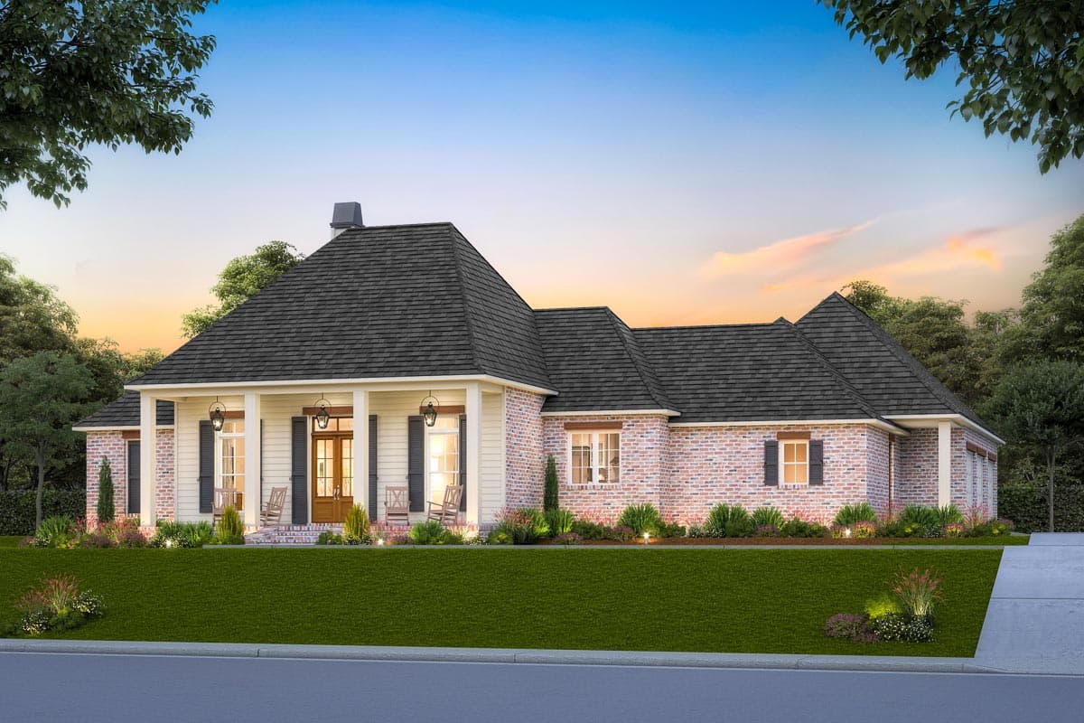 House plan exterior. Single-story home with a porch, gabled roof, and brick accents. Features include shutters and exposed rafters.