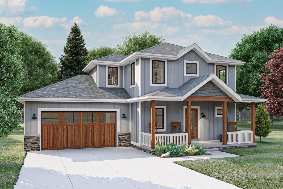 House plan exterior. Two-story, Craftsman-style home with gabled roof, covered porch with columns, and attached garage with wood door.