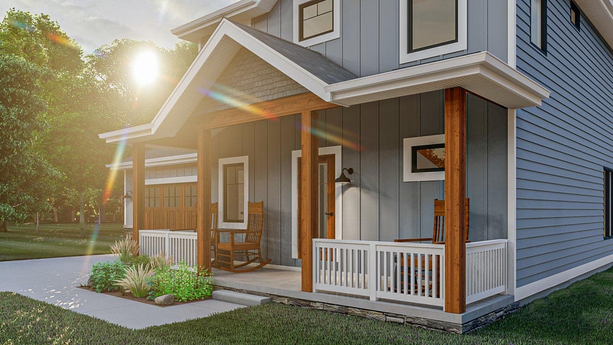 House plan exterior: Modern Farmhouse style, two stories, with a wrap-around porch, gables, and board and batten siding.