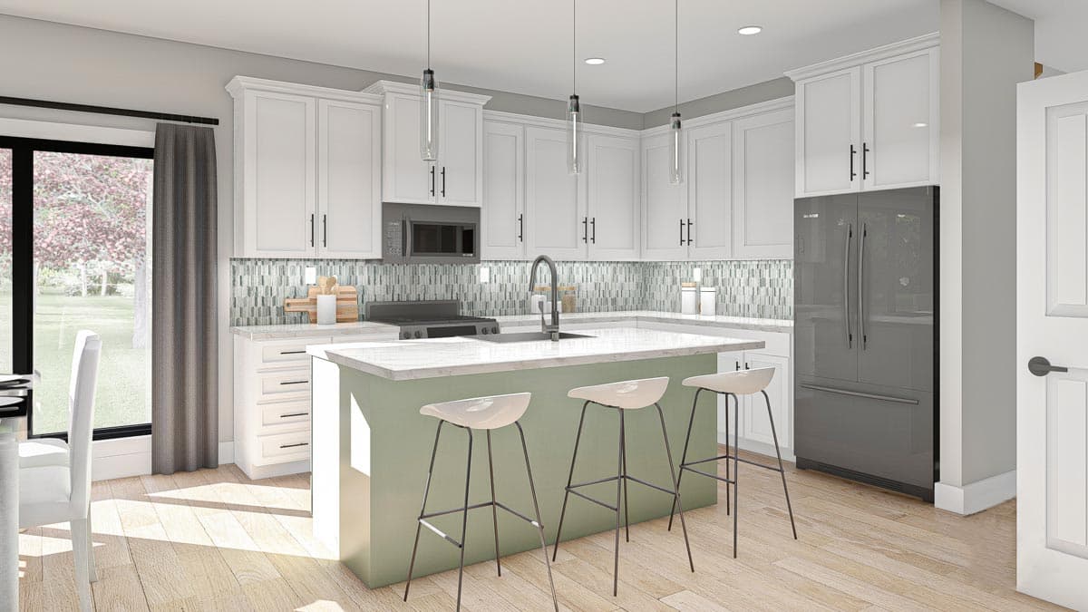 Kitchen with white cabinets, island with seating, mosaic backsplash, and stainless steel appliances.