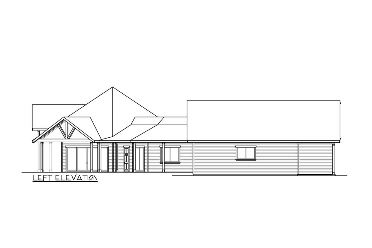 Left elevation drawing of a single-story house plan featuring a covered porch with exposed beams and multiple rooflines.