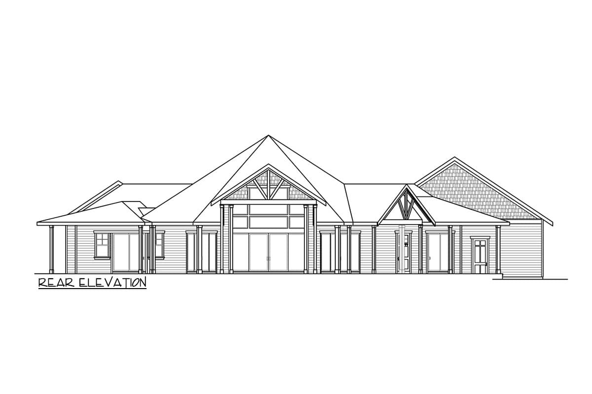 Rear elevation of a house plan featuring a prominent central gable with exposed rafters, large glass doors, and varied rooflines.