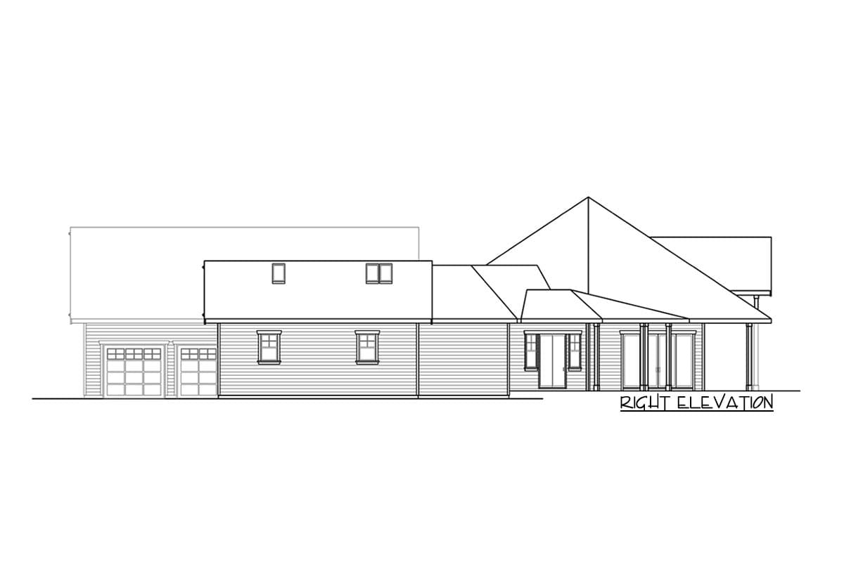 Right elevation house plan with attached garage, dormers, covered porch, and varied rooflines.