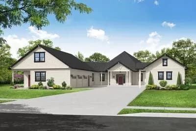 Farmhouse-style House Plan with Hexagonal Great Room and Two Private Bedrooms