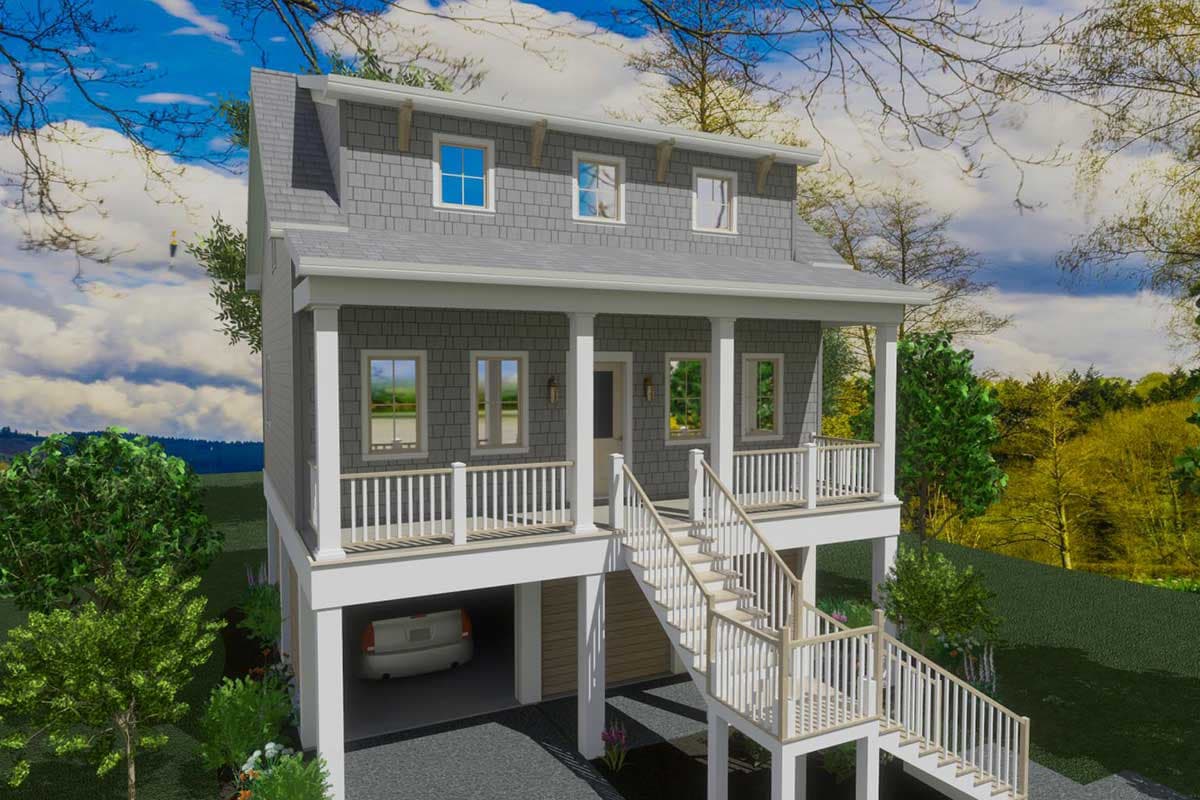 House plan exterior with two stories, a porch with columns, a gable roof, and an under-house garage.