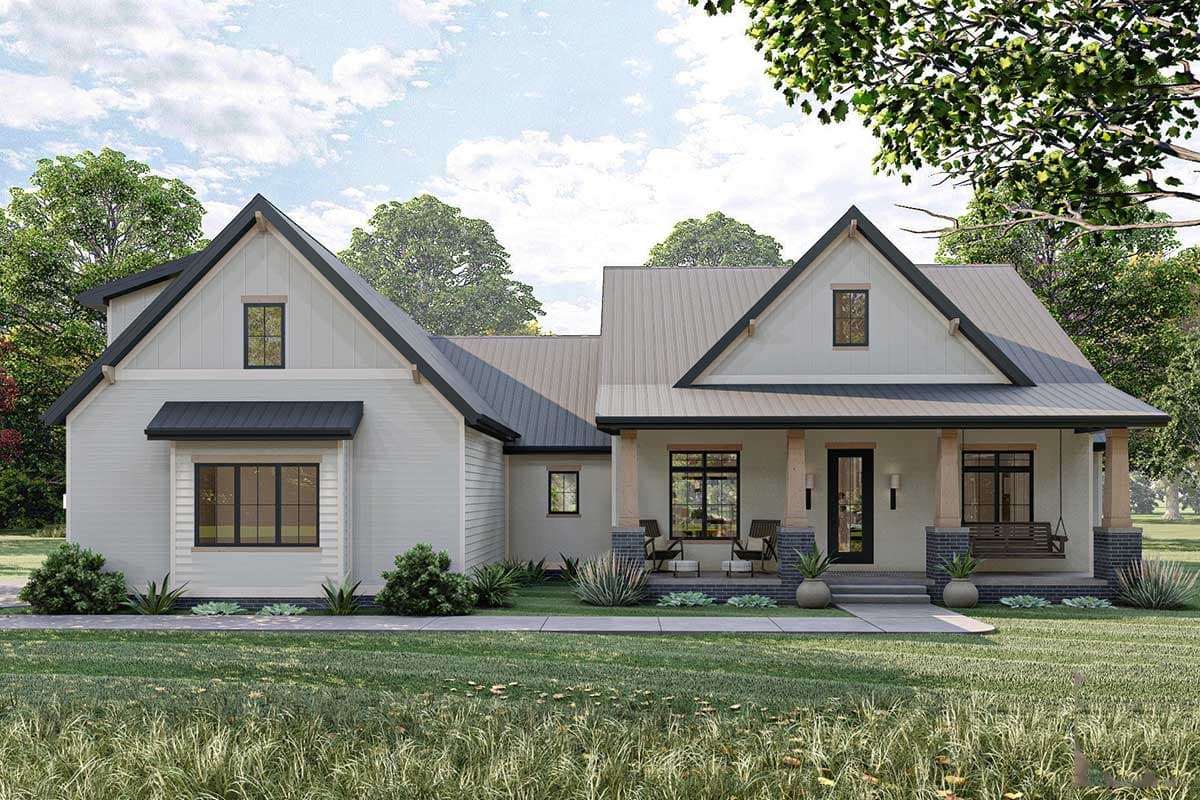 House plan exterior. Modern Farmhouse style, one-story. Features include gables, a covered porch with columns, and a metal roof.