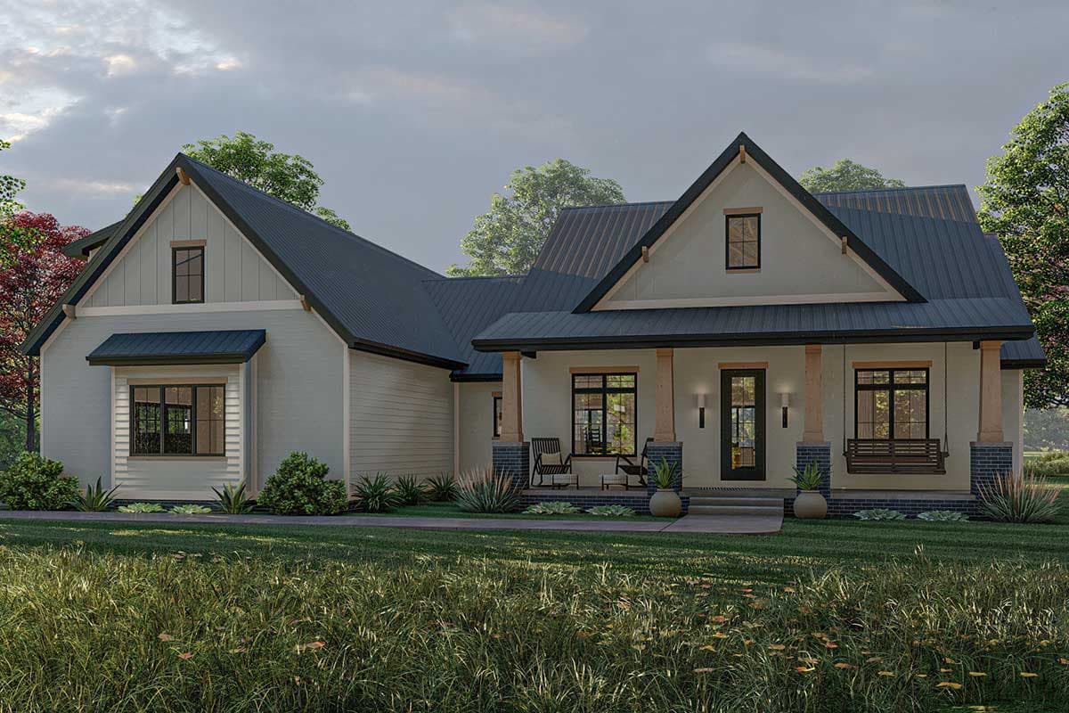 Modern Farmhouse house plan exterior with a covered front porch, metal roof, and board and batten siding.