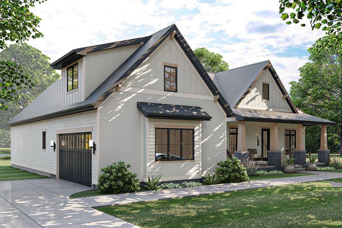 House plan exterior: Modern Farmhouse style, two stories, gabled dormers, covered porch with stone accents, and side-entry garage.