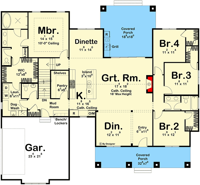 Plan 623037DJ: 4-Bed Modern Farmhouse Plan with a Split Bedroom Layout and a Vaulted Great Room - Floor Plan - Main Level - Country, Farmhouse, Modern Farmhouse, New American, Southern