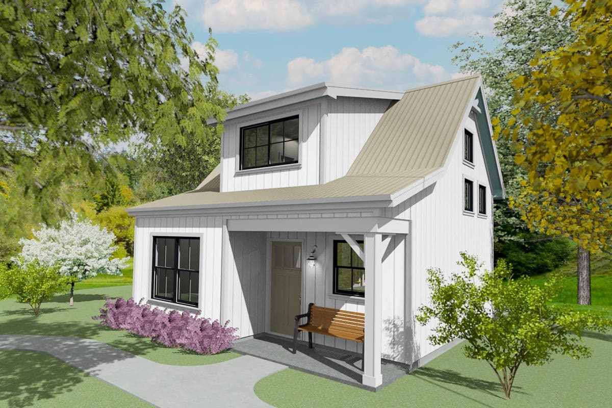 House plan exterior in farmhouse style. Two-story with a gabled roof, a covered porch, and a metal roof. Includes dormer windows.