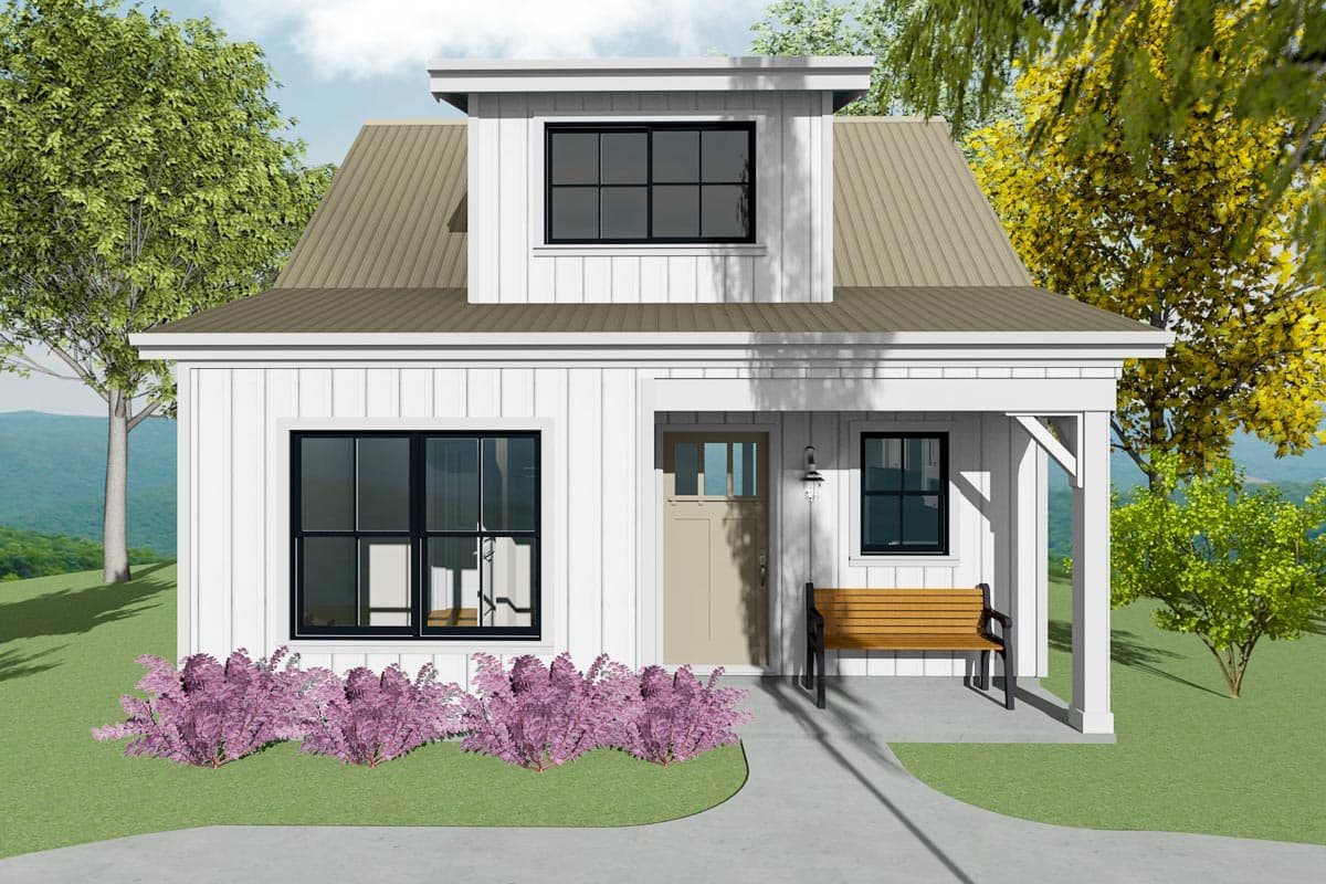 Modern Farmhouse house plan exterior, two stories, board and batten siding, metal roof, dormer, and covered porch.