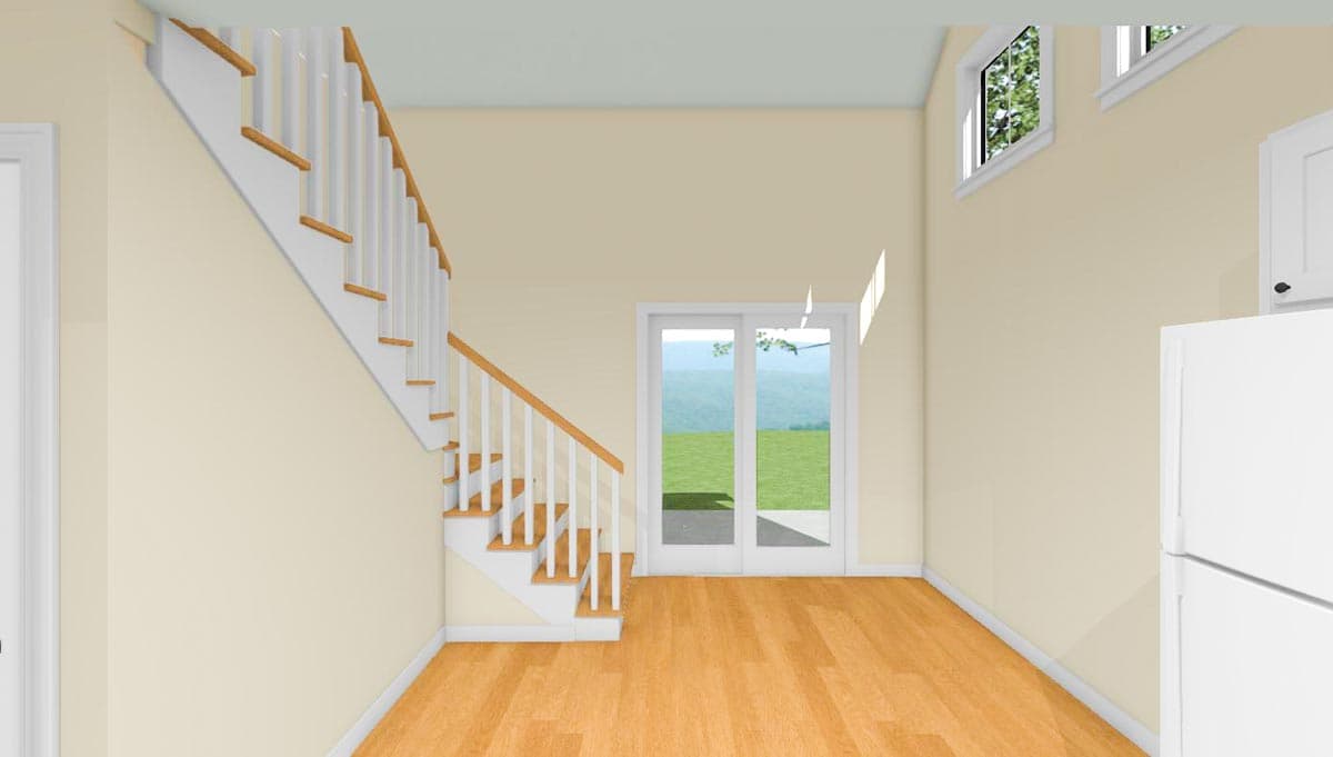 Interior rendering of a room with a staircase, sliding glass doors to the exterior, and a refrigerator.