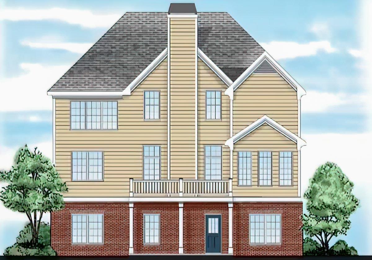 House plan exterior: Three-story home with brick foundation, siding, central chimney, and upper-level balcony.