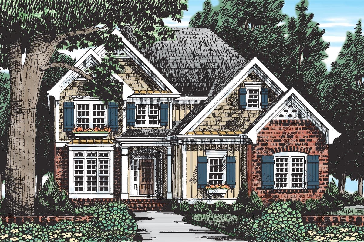 House plan exterior: Two-story home with brick and shingle siding, prominent gables, dormers, and a covered entryway.