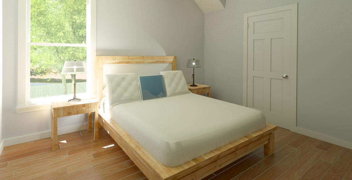 Bedroom rendering with a bed, nightstands, large window, and paneled door. Sloped ceiling detail visible.
