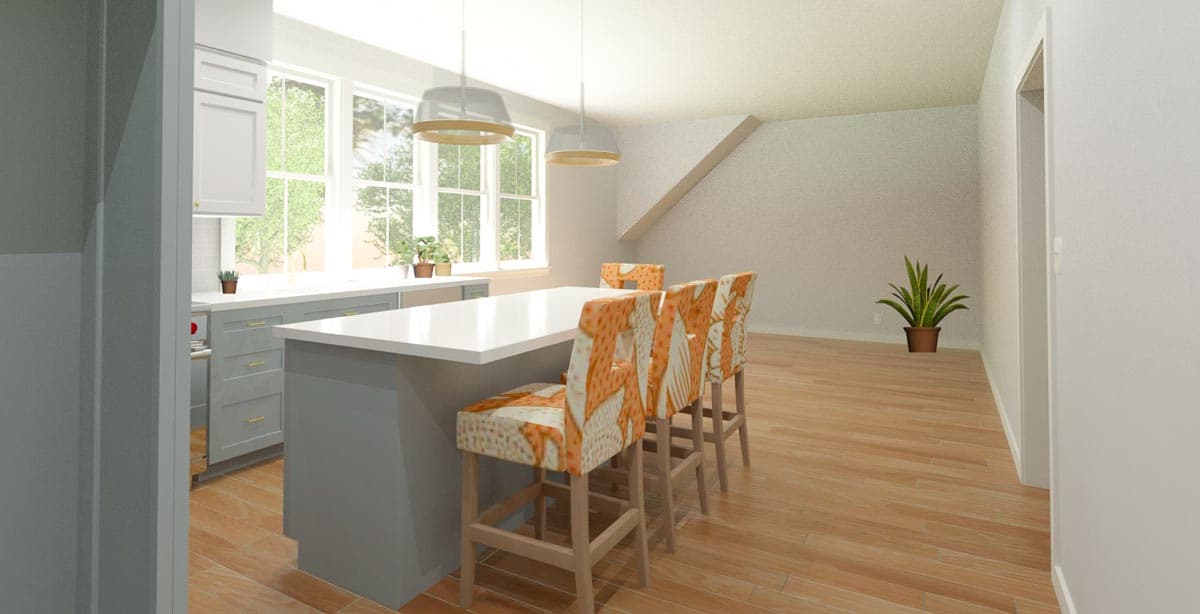 Rendering of a kitchen with island, four bar stools, white countertops, gray cabinetry, and large windows.
