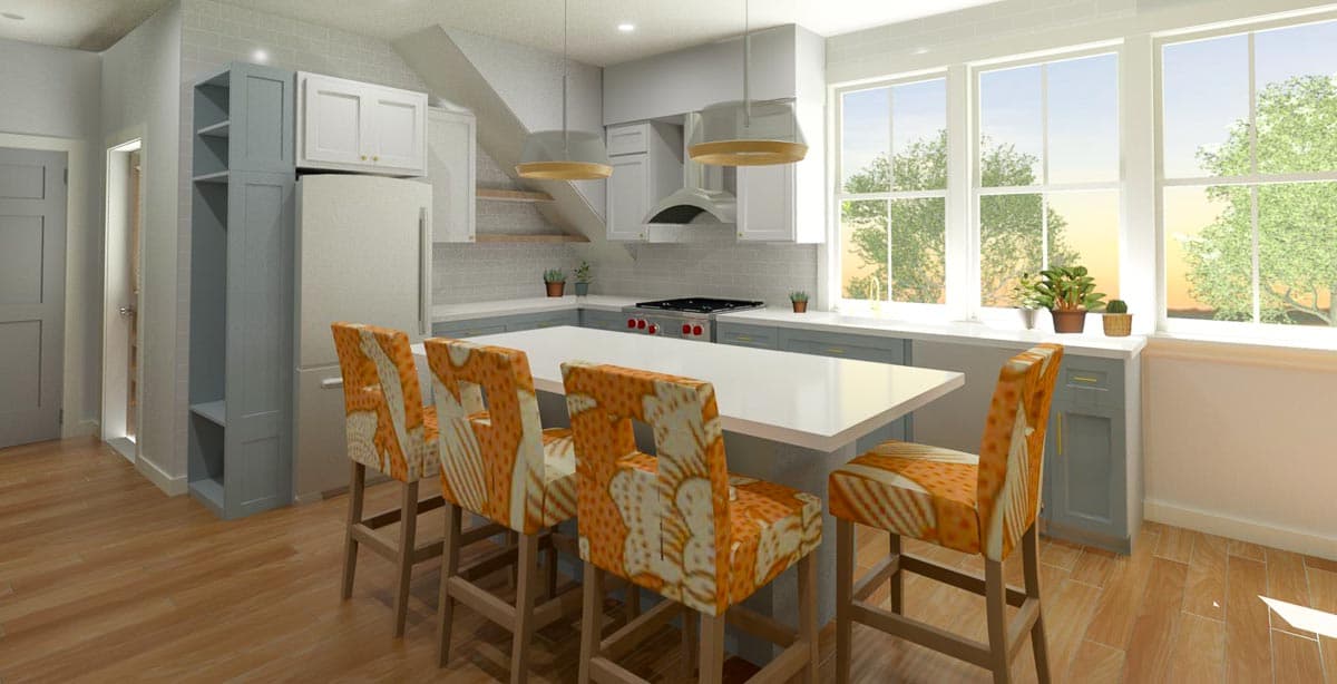 Kitchen with island, modern cabinets, gas range, and large windows overlooking trees.