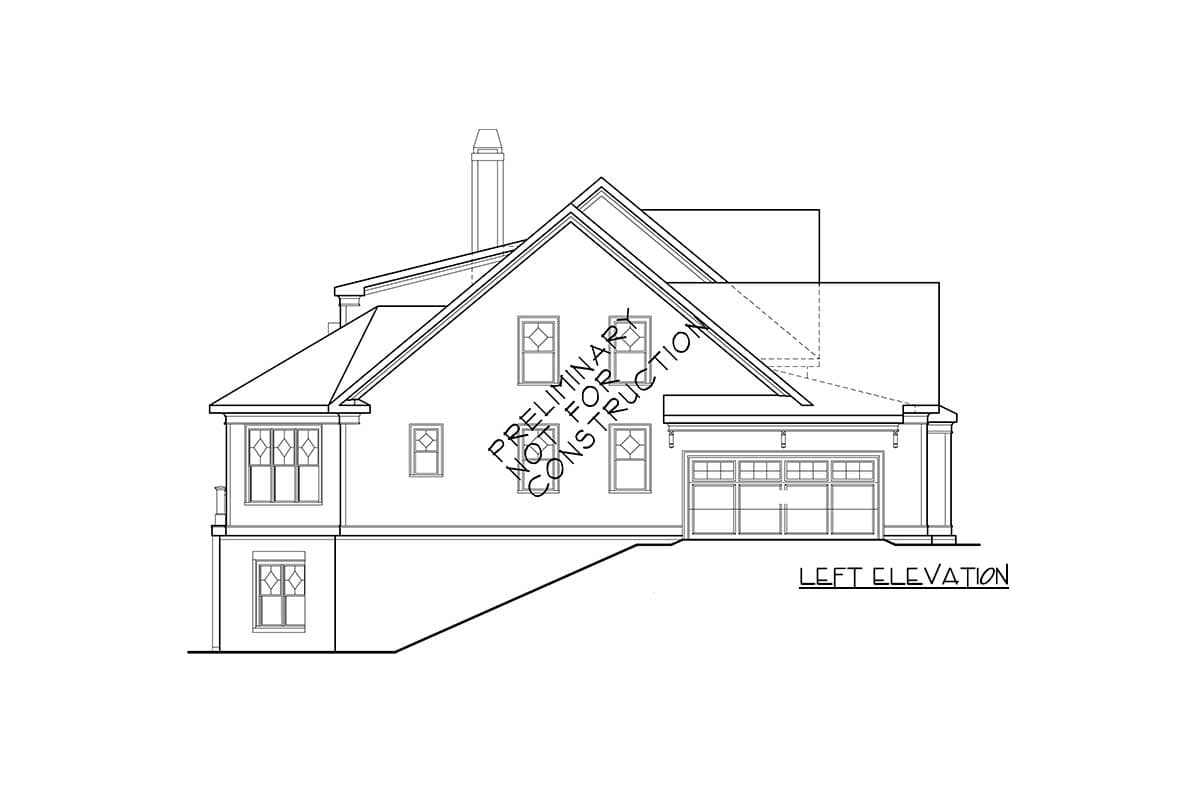 House plan left elevation showing a two-story home with a steeply pitched roof, multiple gables, bay window, and a three-car garage.