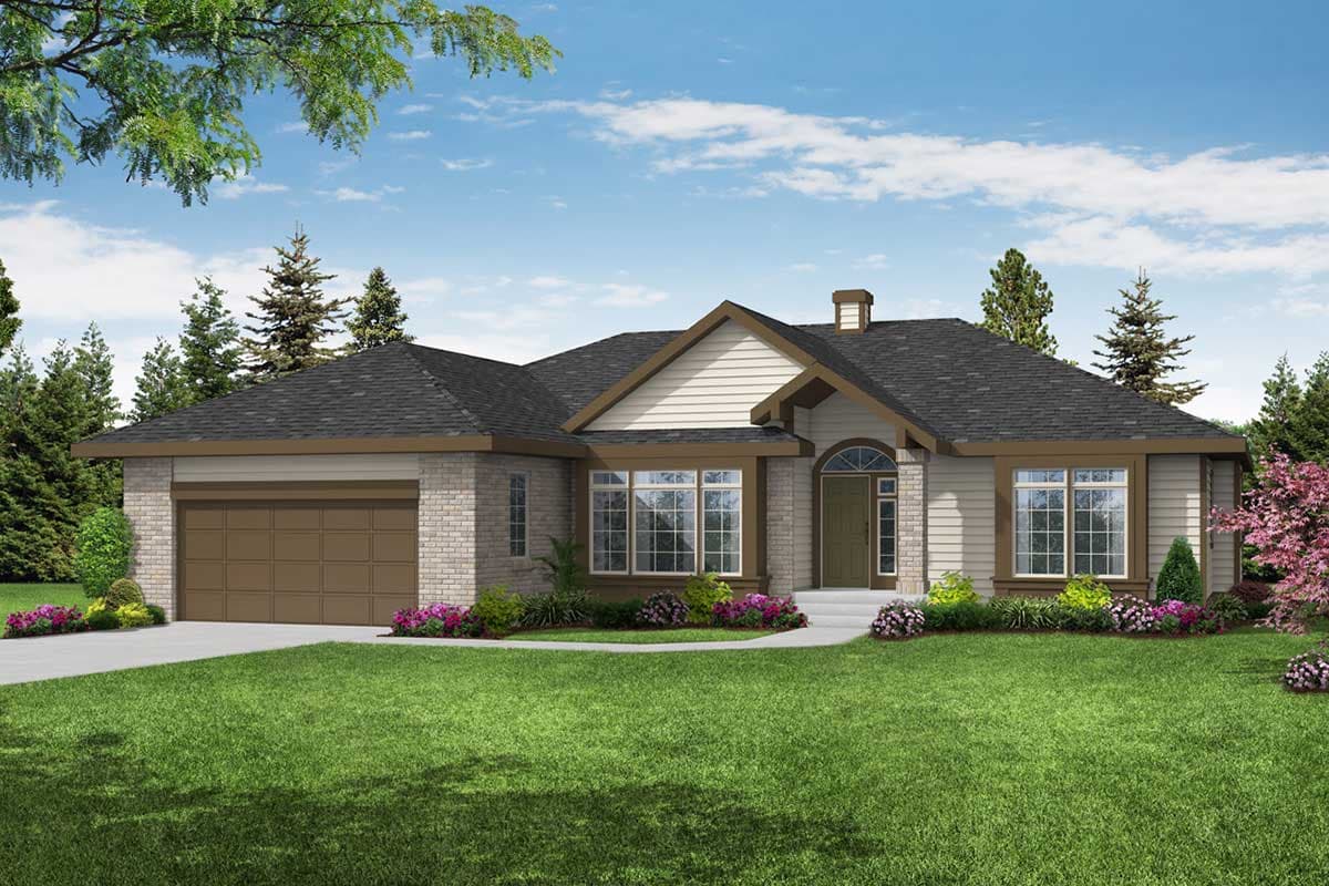House plan exterior. Single-story Ranch with brick and siding. Features include a front-entry garage, gable roof, and an arched entry door.
