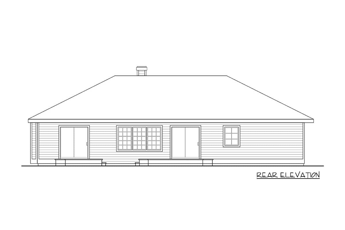 Rear elevation house plan for a single-story home with a hip roof, two sliding doors, and multiple windows.