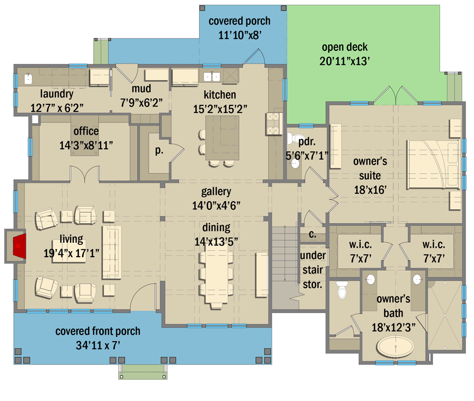 Plan 25422TF: Modern Farmhouse with Upstairs Living Room and 2-Car Detached Garage - Floor Plan - Main Level - Country, Craftsman, Farmhouse, Modern Farmhouse, New American
