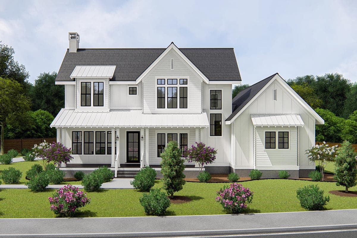 House plan exterior. Two-story Modern Farmhouse with gabled roof, covered porch, and shed roof over windows. Detached garage on right.
