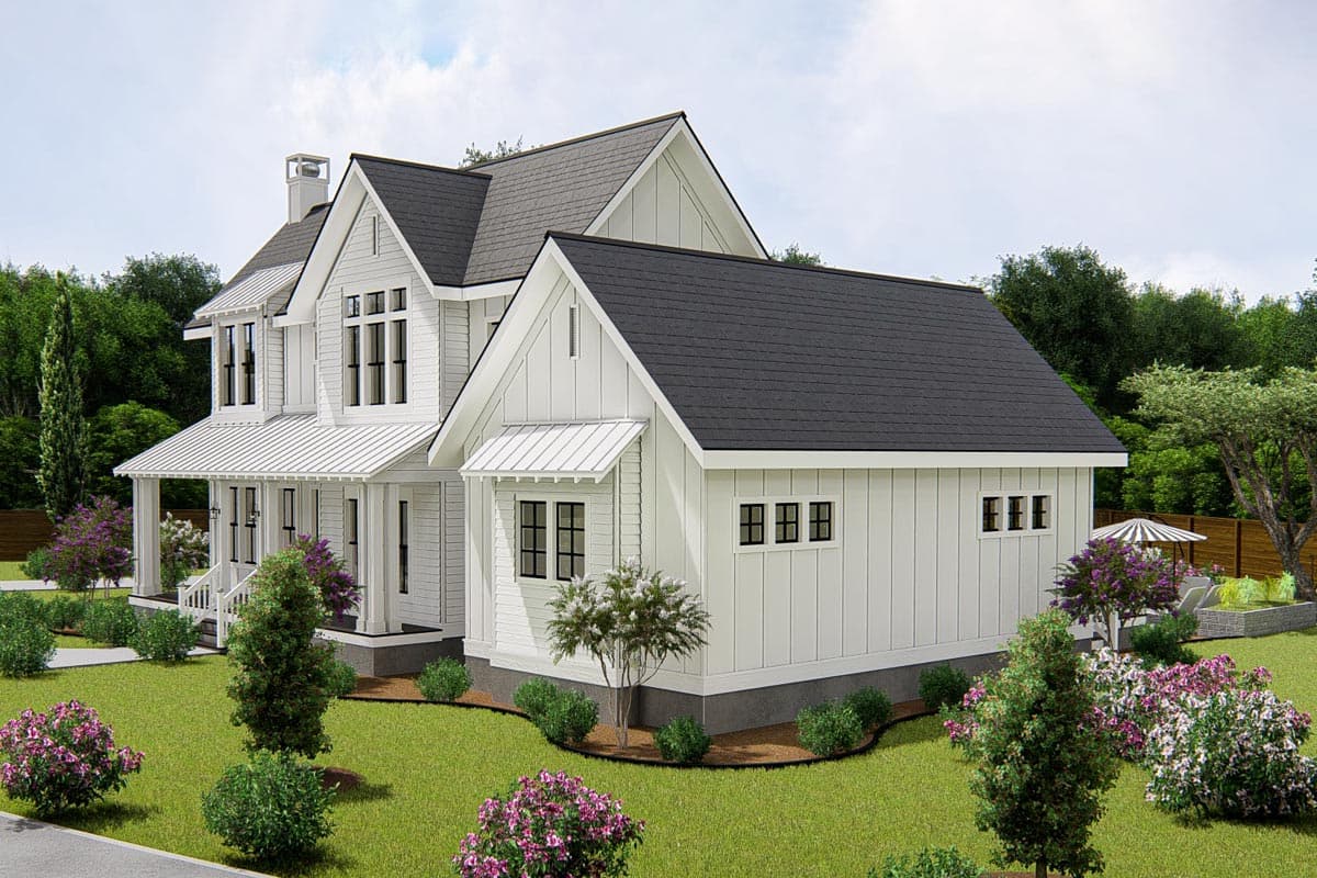 Modern Farmhouse house plan exterior with board and batten siding, metal roof, gabled dormers, and covered porch.