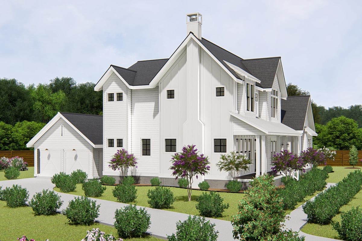 Modern Farmhouse house plan exterior with two stories, board and batten siding, gables, a covered porch, and a detached garage.