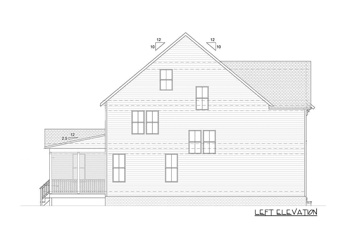 Left elevation house plan showing a two-story structure with horizontal siding, gabled roof, and a covered porch with railings.