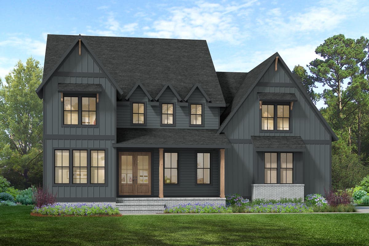 House plan exterior: Two-story Modern Farmhouse with board and batten siding, prominent gables, and a covered front porch.