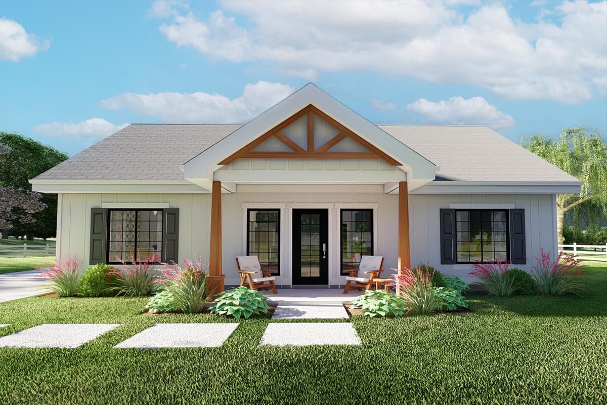 House plan exterior. One-story Modern Farmhouse style with a front porch, gabled roof, and wooden porch supports.