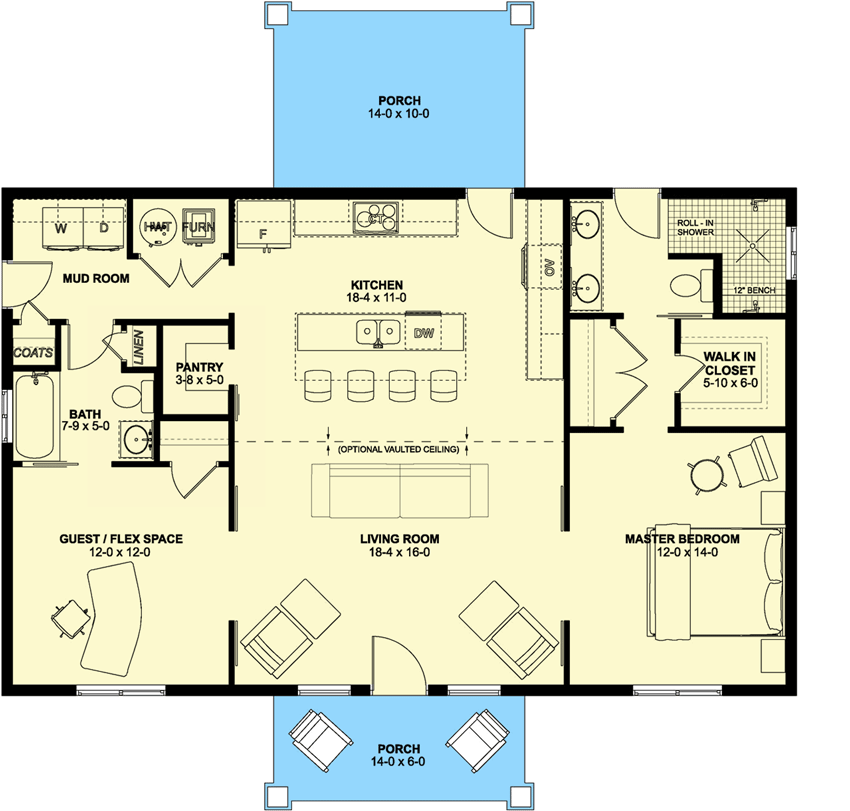 Plan 67815MG: One-Level Craftsman House Plan with Flex Room - 1232 Sq Ft - Floor Plan - Main Level - Cottage, Country, Craftsman, Ranch, Traditional