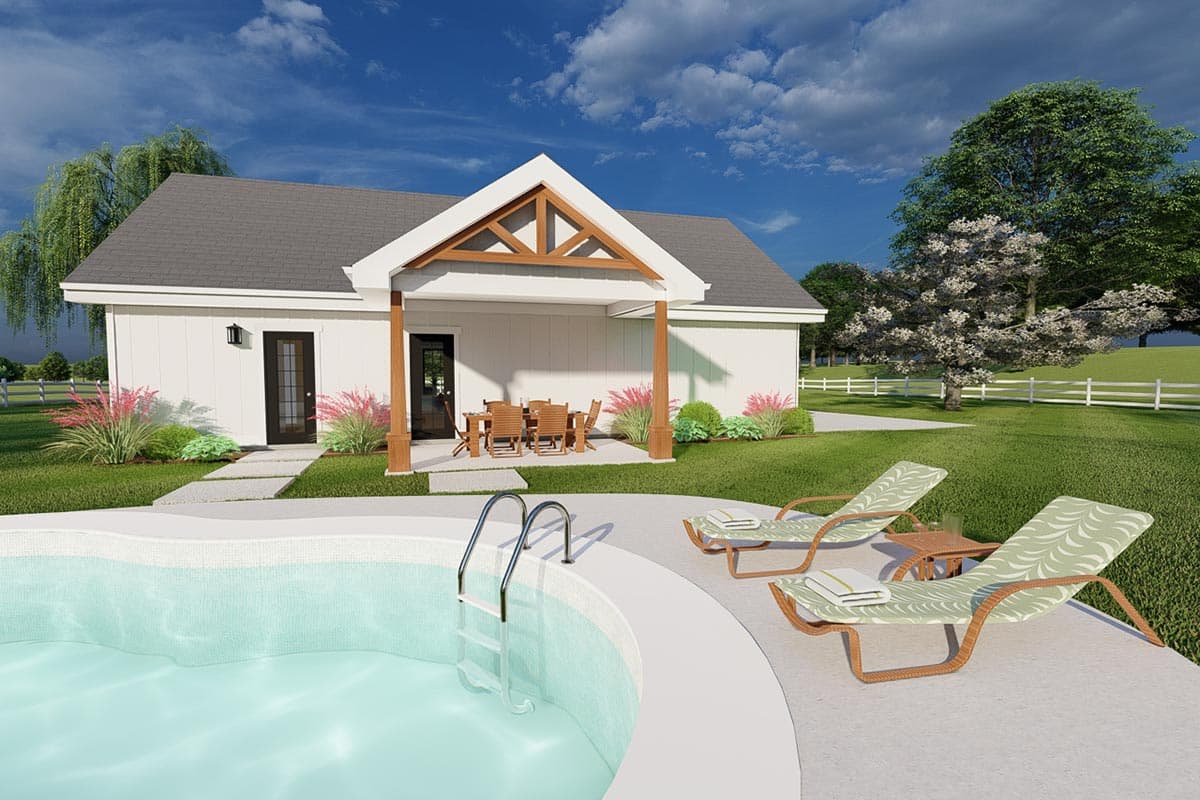 Modern ranch house plan exterior with covered patio, exposed rafter tail truss, and a backyard pool.
