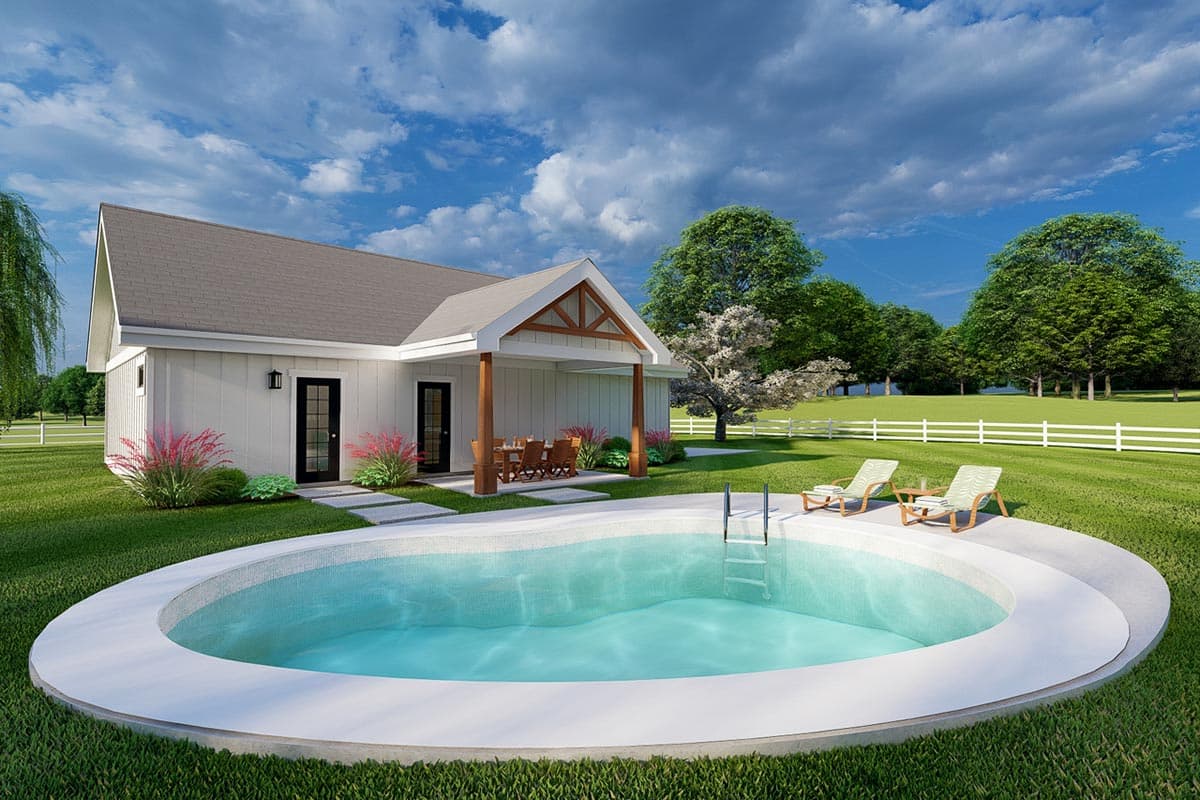 House plan exterior: Modern Farmhouse style, single story, with a covered porch featuring exposed wood beams and a large oval pool.