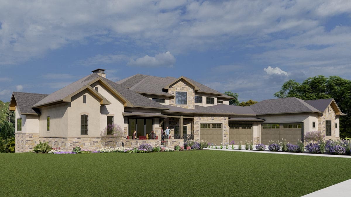 House plan exterior rendering with stone and stucco facade, multiple gables, a covered porch, and a four-car garage.