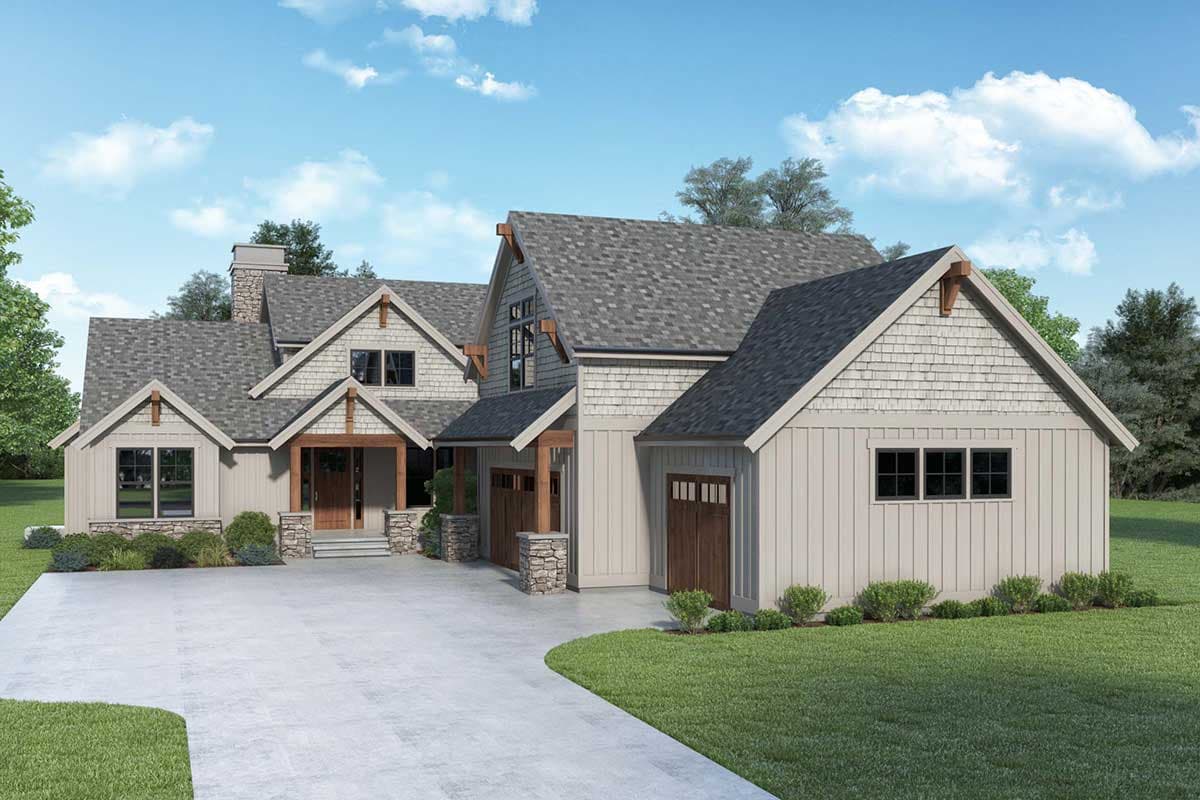House plan exterior. Modern Farmhouse style with gables, wood beams, stone accents, and a 3-car garage.