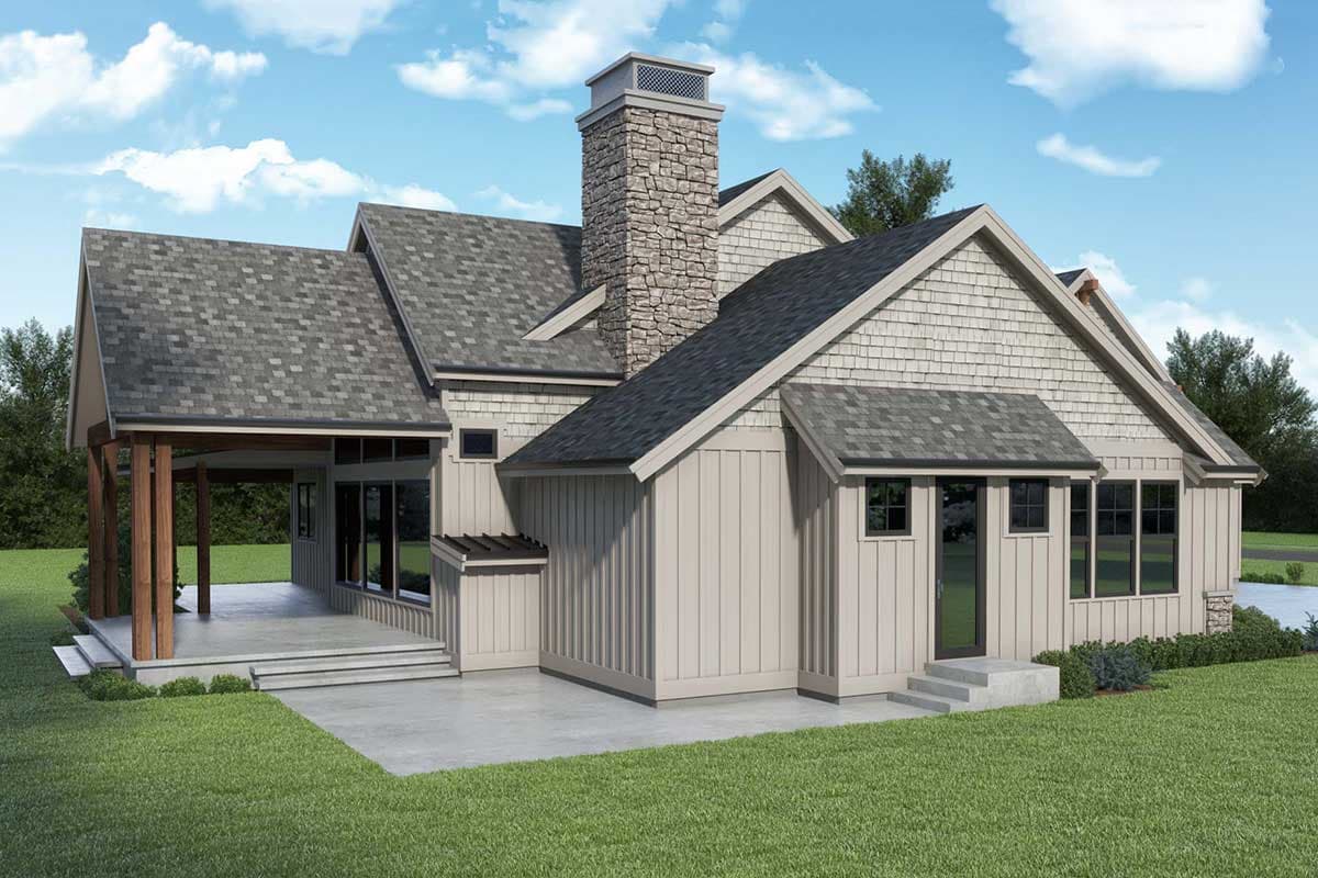 Modern Farmhouse house plan exterior with stone chimney, covered porch, and board and batten siding.