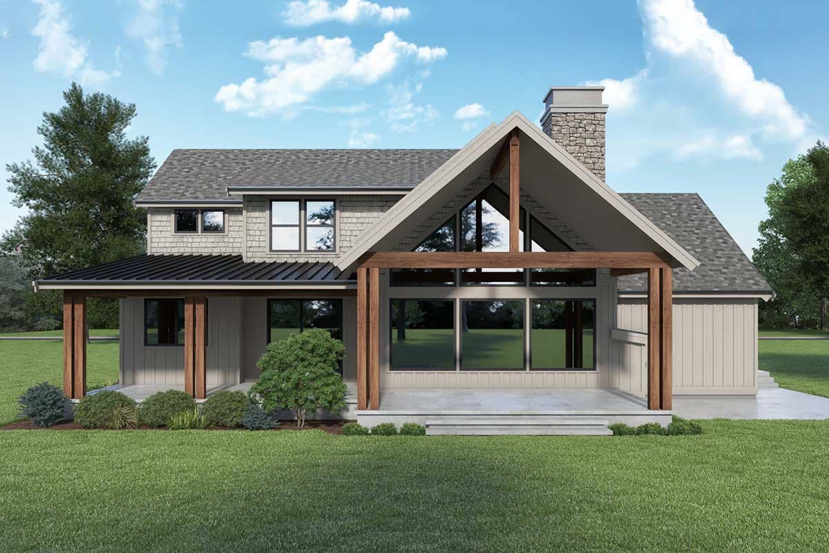 Modern Farmhouse house plan exterior with two stories, prominent gable, stone chimney, and covered porch with timber posts.