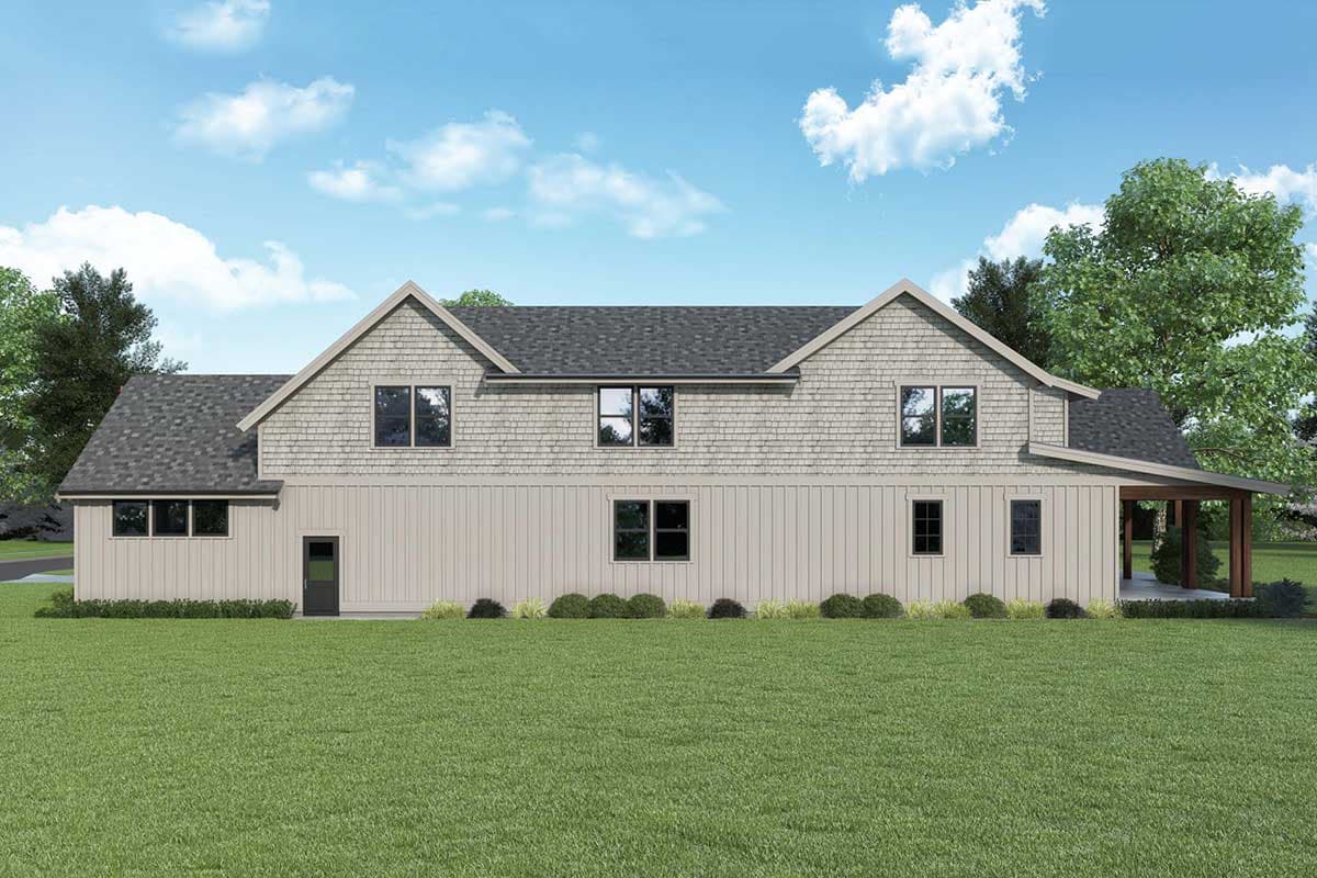 House plan exterior: two-story Modern Farmhouse with dual gables, shingle siding, board-and-batten base, and covered porch.