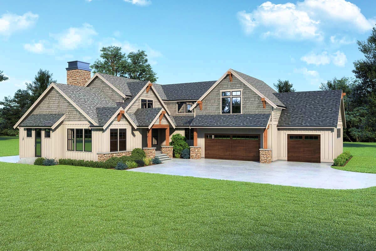 Craftsman style house plan exterior with multiple gables, stone accents, and a triple garage.